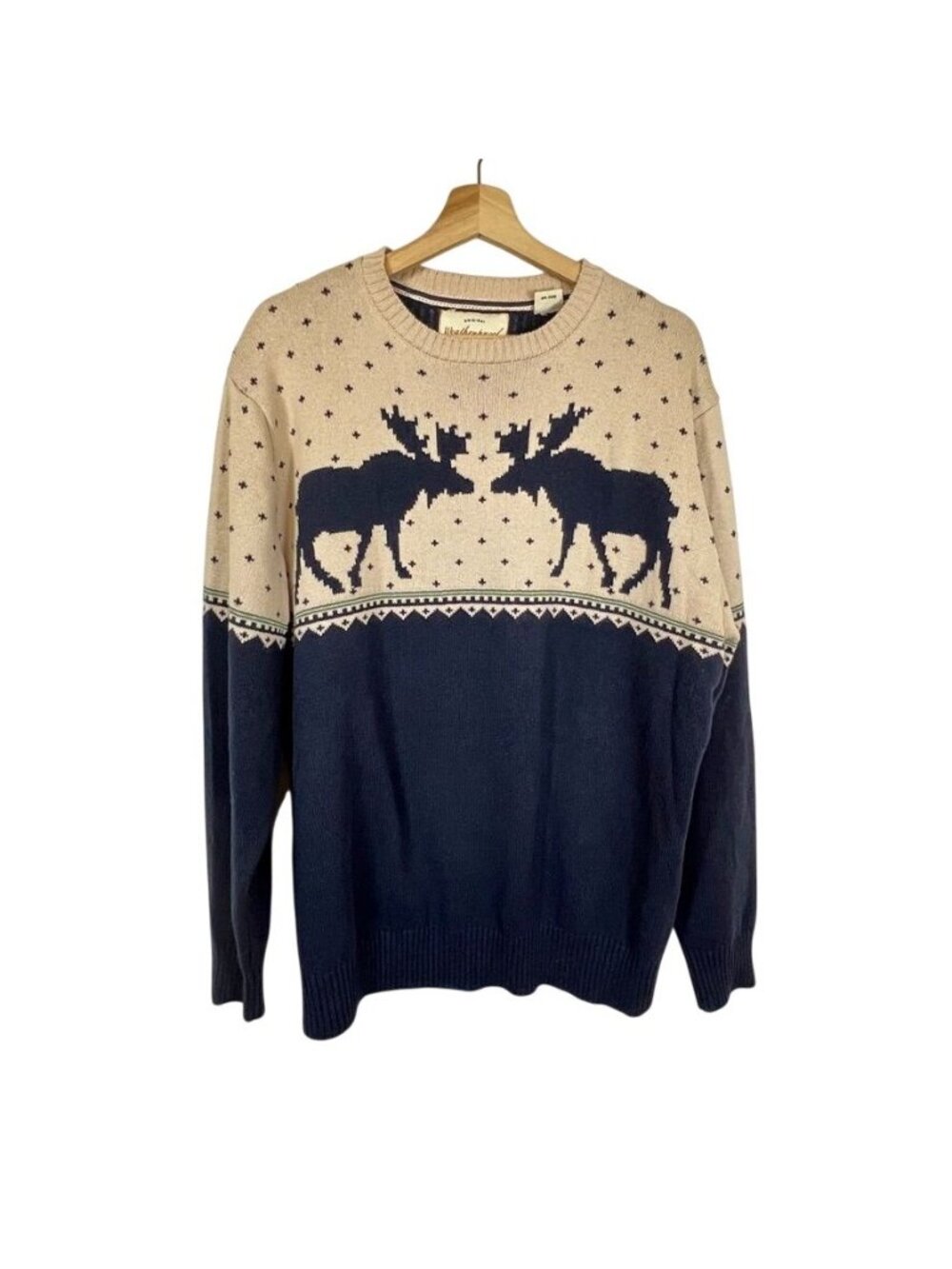 Moose Fair Isle Cotton Sweater Mens XL Nordic Ski Lodge Cabin Pullover Outdoors
